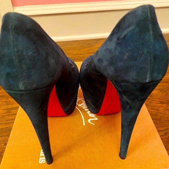 Christian Louboutin Drapesse 160 Suede Teal Peep Toe Heels